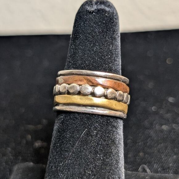 Hand Crafted Sterling Silver Brass Copper Wide Band Spinner Ring Size 6.25 - Picture 3 of 6